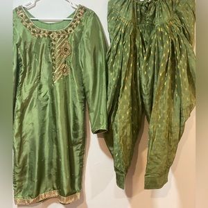3piece-Silk parrot green shirt, patyala shalwar, with beautiful & elegant chunri